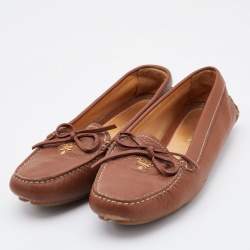 Pre Owned Prada Brown Leather Bow Slip On Loafers Size 36