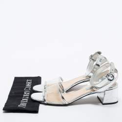 Prada Silver Leather and PVC Ankle Strap Block Heel Sandals Size 39.5