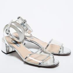Prada Silver Leather and PVC Ankle Strap Block Heel Sandals Size 39.5