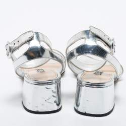 Prada Silver Leather and PVC Ankle Strap Block Heel Sandals Size 39.5