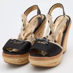 Prada Black Satin and Fabric Espadrille Platform Wedge Sandals Size 39.5