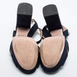 Pre Owned Prada Navy Blue Suede Criss Cross Platform Ankle Strap Sandals Size 38
