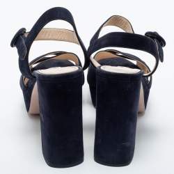 Pre Owned Prada Navy Blue Suede Criss Cross Platform Ankle Strap Sandals Size 38