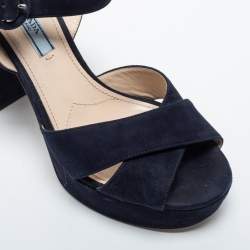 Pre Owned Prada Navy Blue Suede Criss Cross Platform Ankle Strap Sandals Size 38