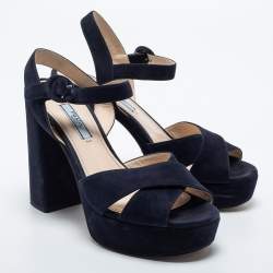Pre Owned Prada Navy Blue Suede Criss Cross Platform Ankle Strap Sandals Size 38