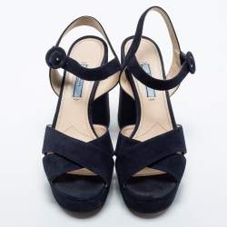 Pre Owned Prada Navy Blue Suede Criss Cross Platform Ankle Strap Sandals Size 38