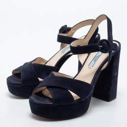 Pre Owned Prada Navy Blue Suede Criss Cross Platform Ankle Strap Sandals Size 38
