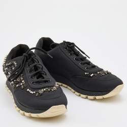 Pre Owned Prada Black Fabric Crystal Embellished Low Top Sneakers Size 38
