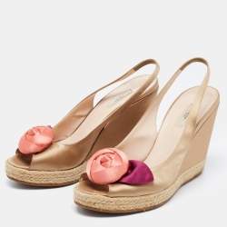 Prada Gold Beige Satin Embellished Slingback Wedge Sandals  Size 39.5