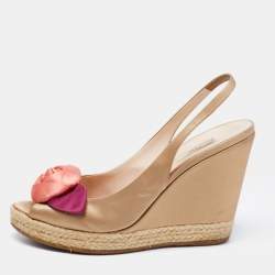 Prada Gold Beige Satin Embellished Slingback Wedge Sandals  Size 39.5