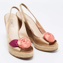 Prada Gold Beige Satin Embellished Slingback Wedge Sandals  Size 39.5