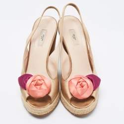 Prada Gold Beige Satin Embellished Slingback Wedge Sandals  Size 39.5