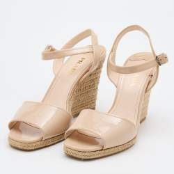 Pre Owned Prada Beige Patent Leather Espadrille Platform Wedge Ankle Strap Sandals Size 41