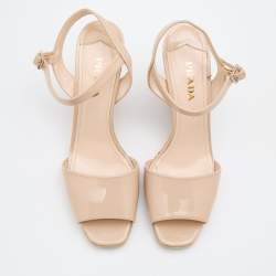 Pre Owned Prada Beige Patent Leather Espadrille Platform Wedge Ankle Strap Sandals Size 41