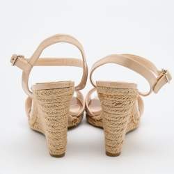 Pre Owned Prada Beige Patent Leather Espadrille Platform Wedge Ankle Strap Sandals Size 41