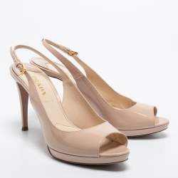 Pre Owned Prada Beige Patent Leather Slingback Platform Pumps Size 40.5