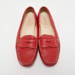 Pre Owned Prada Red Perforated Leather Penny Loafers Size 39