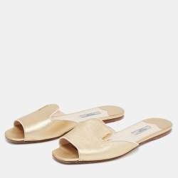 Pre Owned Prada Gold Saffiano Leather Flat Slides Size 39