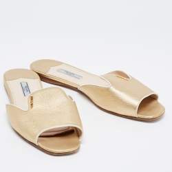 Pre Owned Prada Gold Saffiano Leather Flat Slides Size 39