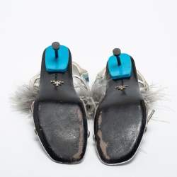 Pre Owned Prada Silver/Blue Leather, Rubber and Feather Trim Slingback Sandals Size 39