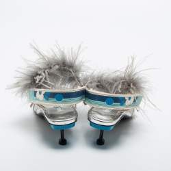 Pre Owned Prada Silver/Blue Leather, Rubber and Feather Trim Slingback Sandals Size 39