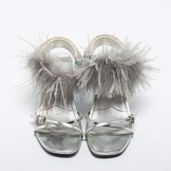 Pre Owned Prada Silver/Blue Leather, Rubber and Feather Trim Slingback Sandals Size 39