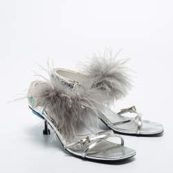 Pre Owned Prada Silver/Blue Leather, Rubber and Feather Trim Slingback Sandals Size 39