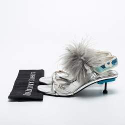 Pre Owned Prada Silver/Blue Leather, Rubber and Feather Trim Slingback Sandals Size 39