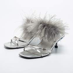 Pre Owned Prada Silver/Blue Leather, Rubber and Feather Trim Slingback Sandals Size 39