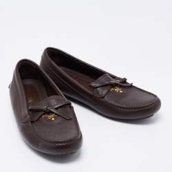 Pre Owned Prada Dark Brown Leather Loafers Size 38.5