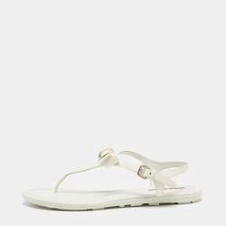 Pre Owned Prada White Patent Leather Logo Thong Flat Sandals Size 39