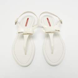 Pre Owned Prada White Patent Leather Logo Thong Flat Sandals Size 39