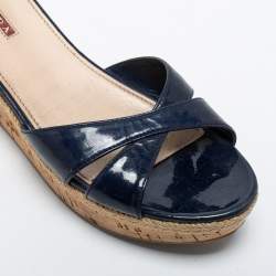 Prada Blue Patent Leather Wedge Sandals Size 39