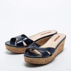 Prada Blue Patent Leather Wedge Sandals Size 39