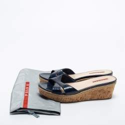 Prada Blue Patent Leather Wedge Sandals Size 39