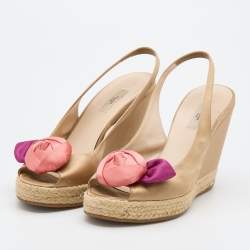 Pre Owned Prada Light Brown Satin Rose Espadrille Platform Wedge Pumps Size 38
