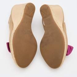 Pre Owned Prada Light Brown Satin Rose Espadrille Platform Wedge Pumps Size 38