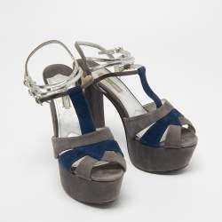 Prada Grey Suede and Leather Ankle Strap Platform Sandals Size 40