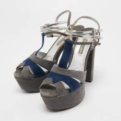 Prada Grey Suede and Leather Ankle Strap Platform Sandals Size 40
