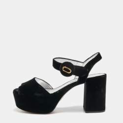 Pre Owned Prada Black Velvet Block Heel Platform Ankle Strap Sandals Size 37.5
