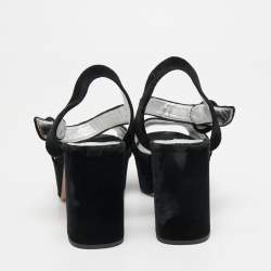 Pre Owned Prada Black Velvet Block Heel Platform Ankle Strap Sandals Size 37.5