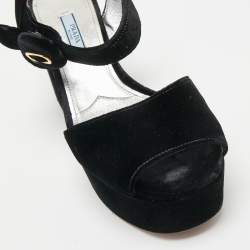 Pre Owned Prada Black Velvet Block Heel Platform Ankle Strap Sandals Size 37.5