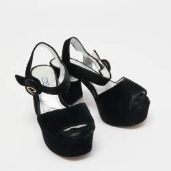 Pre Owned Prada Black Velvet Block Heel Platform Ankle Strap Sandals Size 37.5