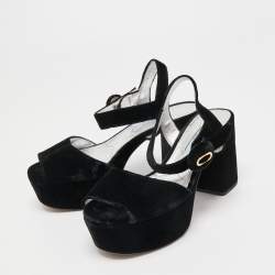 Pre Owned Prada Black Velvet Block Heel Platform Ankle Strap Sandals Size 37.5