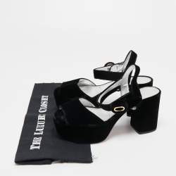 Pre Owned Prada Black Velvet Block Heel Platform Ankle Strap Sandals Size 37.5