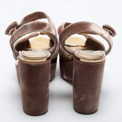 Pre Owned Prada Dusty Pink Velvet Block Heel Platform Ankle Strap Sandals Size 37.5