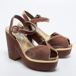 Pre Owned Prada Dusty Pink Velvet Block Heel Platform Ankle Strap Sandals Size 37.5