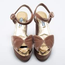 Pre Owned Prada Dusty Pink Velvet Block Heel Platform Ankle Strap Sandals Size 37.5