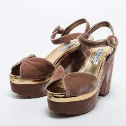 Pre Owned Prada Dusty Pink Velvet Block Heel Platform Ankle Strap Sandals Size 37.5