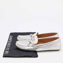 Pre Owned Prada Silver leather Logo Applique Slip On Loafers Size 36.5